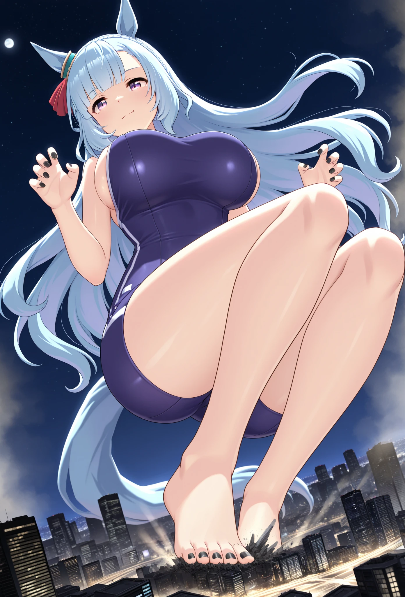 A female shark with enormous breasts and long hair wears a swimsuit.