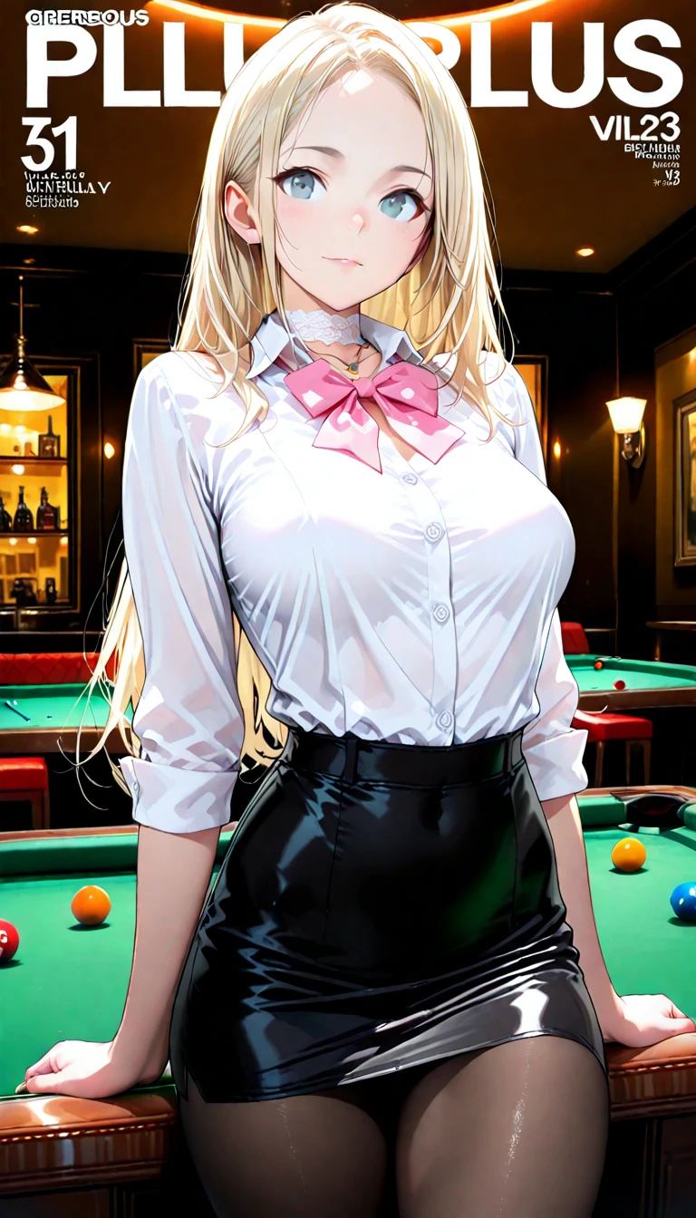 1 girl, solo, playing 8 ball pool, pool table, Big round breasts, curvy hips, hourglass waist, realistic, bright blonde hair, light green eyes, amazing big eyes, eye details, eyebrow details, crop top, pink skirt, parted lips, blush, confident, dominant, bdsm, smirk, naughty, mischevious face, HD, good quality 