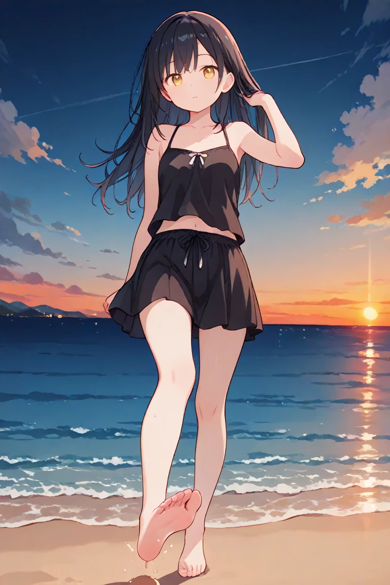 looking back at viewer、tideland、Covered in mud、Tiny thimps、Thighs、Girl、Girl、Younger、Baby Face、flat chest、forehead、Butt、Dynamic Angle、Seaside、Sandy Beach、Glaring、sunlight、Both eyes open、Sun hat