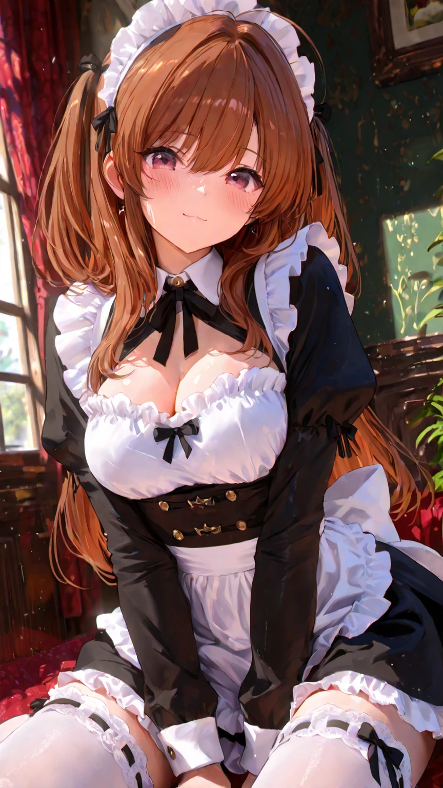 A girl, wearing maid dress, exposing big breast, small waist, dark red hair, green eyes, sit on bed