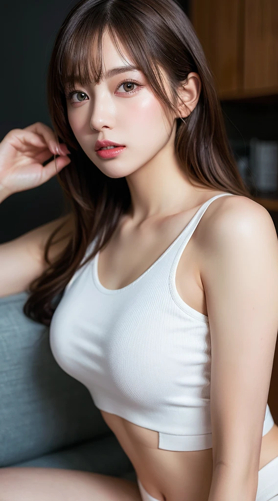  best quality, Extremely detailed, Fine details, High resolution, 8k wallpaper, Perfect dynamic composition, Beautiful and delicate eyes, Natural lip shape, White T-shirt, Loose clothing, Huge Breasts, whole body, Casual sexy pose, No, Cleavage exposed