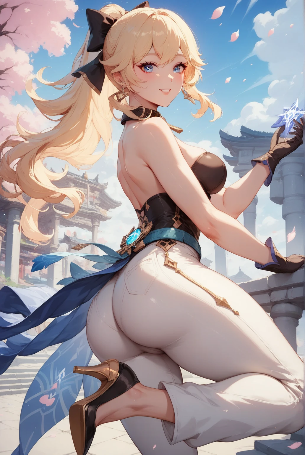 (obra maestra、highest qualityr、Detalles intrincados、El ultra-detallado、Ultra calidad、high resolusion、Las mejores sombras、The best lighting、4k) Once palabras clave: El cabello es dorado Beautiful blonde Longevity and immortality Beautiful figure Outstanding skills Harmony with nature Noble culture Ancient races Fantasy works Role-playing games Beauty and elegance Dark wizard girl Magical talent Hembras una chica de belleza mistic Criaturas ficticias Vestidos transparentes antiguos The buttocks are seen through a cuatro patas emphasis on the buttocks Sit with a beautiful back Looking back. Dark magician girl en un paisaje chino