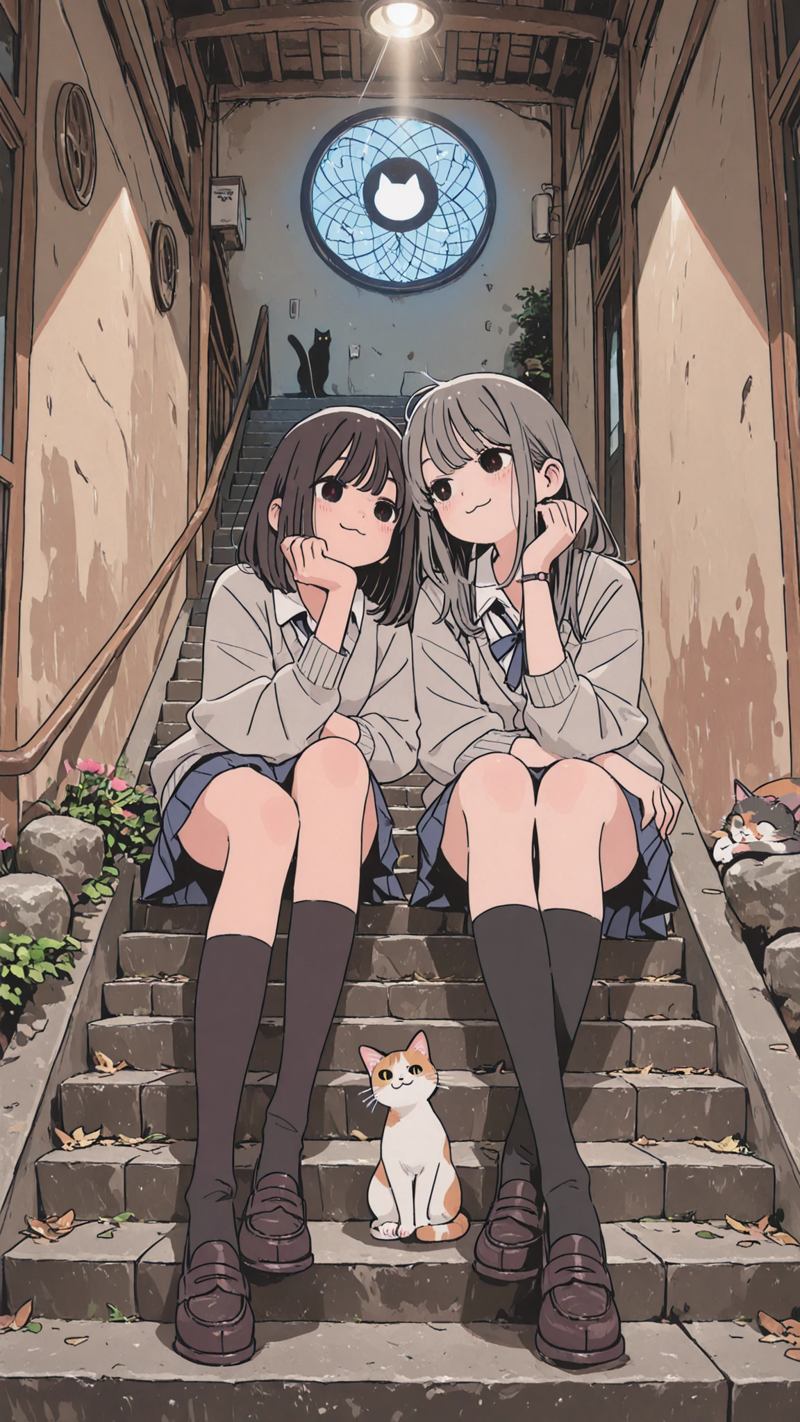 ((( Cat on the Stone Steps )))、 top quality 、masterpiece、 perfect anatomy,非常に詳細な girlsの顔、 girls, On the way to school, Chat with friends, stand, School Area, countryside, Scenery, Round Glass, MIDDLE SCHOOL CARDIGAN , ( Sleeves Are Longer Than Your Wrist ), Strong Loafers, dark grey long hair , Straight slit , Beautiful dark eyes , black knee socks , Movie Lighting, upper body, :3, School Area, countrysideの学校