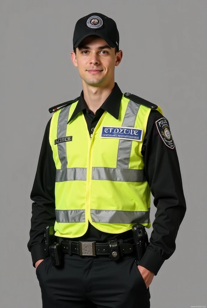 copcop,yellow fluorescent,Capture the vigilant scene of a police officer on patrol duty. The scene should be hyper-realistic, with a high level of detail and resolution. The police officer should be the central focus, his alert gaze scanning the surroundings. The lighting should be natural and clear, casting long shadows and highlighting the officer's uniform. The colors should be realistic and muted, with the blues and blacks of the officer's uniform contrasting with the urban environment. The composition should be a wide shot, capturing the full scope of the patrol scene. Use a high-quality camera with a fast shutter speed to capture the moment in sharp detail, BestQuality / (extremely detailed CG unity 8k wallpaper), best quality, masterpiece , hdr, best quality, ultra highres
