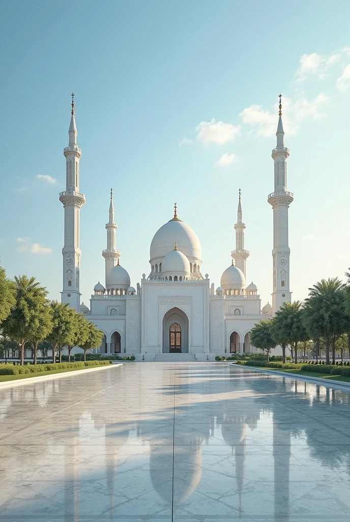 depicts a large mosque with a tall tower in Indonesia, such as the Istiqlal Mosque in Jakarta. It can be seen that many people are performing congregational prayers., with a clear blue sky background.