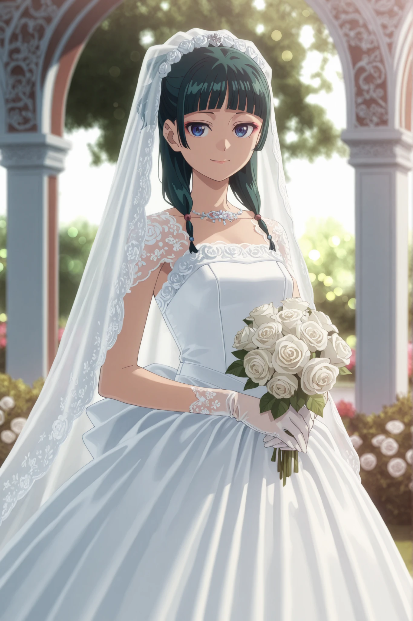 anime coloring,1girl,solo,anime woman,Maomao, green hair, blue eyes,elegant white wedding dress, long flowing veil, intricate lace details, floral embroidery, satin gloves, holding a bouquet of white roses, standing in a romantic setting, soft lighting, delicate makeup, looking at viewer, cosplay, faint smile, closed mouth, garden archway with flowers, cowboy shot, bokeh, depth of field, intricate details, high quality,masterpiece,absurdres