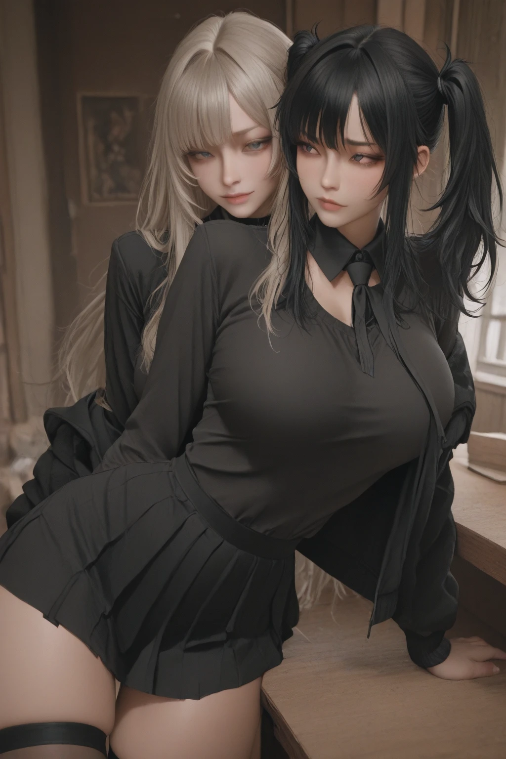 intricate detailed portrait of a girl with long black hair and bangs, wearing a very short skirt and a white wet see-through shirt revealing her ass and nipples, beautiful detailed eyes, beautiful detailed lips, extremely detailed face, long eyelashes, elegant pose, beautiful expression, realistic, photorealistic, 8k, high quality, masterpiece, award winning art, chiaroscuro lighting, dramatic lighting, cinematic, vibrant colors, dramatic colors, anime like