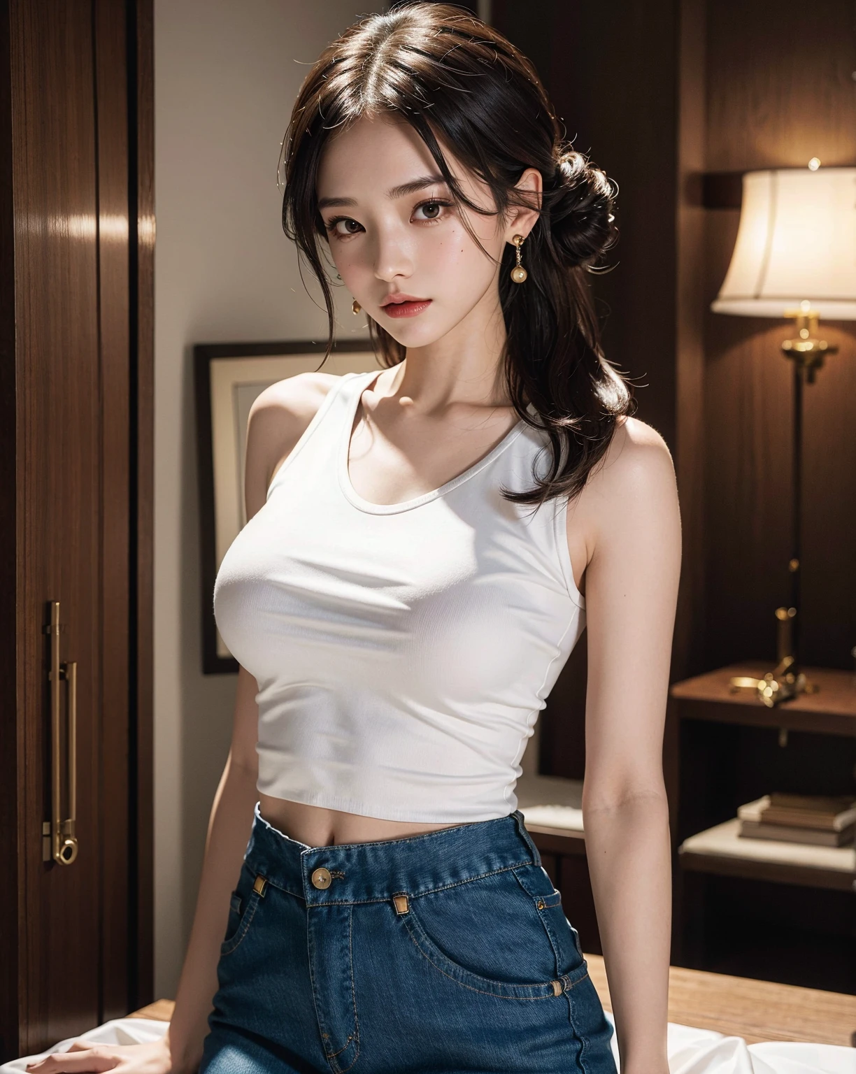 absurdres, RAW photo, extremely delicate and beautiful, masterpiece, Best Quality, ultra high resolution, 32k, hyperrealistic, ultra-detailed, perfect anatomy, super Detailed skin, perfect figure, Super Beauty, Perfect Style, Perfect balance, Beautiful Lighting, Perfect Lightning, Realistic Shadows, 20 years old, very Slim body, narrow waist, very small head, very small face, delicate facial features, handsome detailed woman, very detailed eyes and face, realistic face proportions, Realistic beautiful face, Realistic beautiful eyes, tearful mole, earring, very huge round breasts, legs, medium hair, asymmetrical hair, whole body shot, indoor, ((t-shirt)), crop top, skirt, sleeveless,