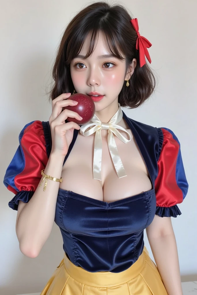 Beautiful Japanese 18 year old woman, wearing snow white cosplay, blue silk corset, red silk cape, yellow silk pleated skater skirt, white leggings, black bob hair, red hairband, large breasts,  masterpiece, photorealistic, amazing detailed face,