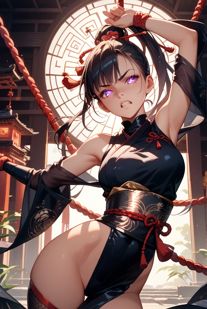 <lora:e7 ARavi:1> e7 ARavi, yellow eyes, red mark in forehead, black hair,  (low twintails coming from under the ears) with yellow ribbons, small breasts,  black small bull horns,  (long red chinese tabard), black sorts, nothing under the tabard, naked under tabard,
(masterpiece),  best quality, highres, 4k, 8k, Detailed Illustration, intricate detail, cinematic lighting, amazing quality, 1girl, fit female, amazing shading, soft lighting, facing camera, perfect eyes,