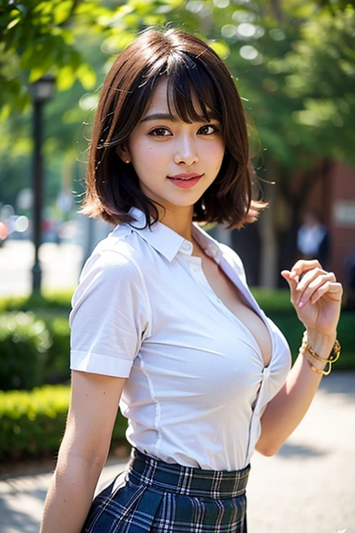 The skin is wet from sweat,leaning forward,Cleavage,Station platform,Wearing a shirt,smile、skirtリフト、skirtを手で上げる,woman, 20-year-old, Black short hair、bangs、(skirt),(White lace panties)、Cute earrings