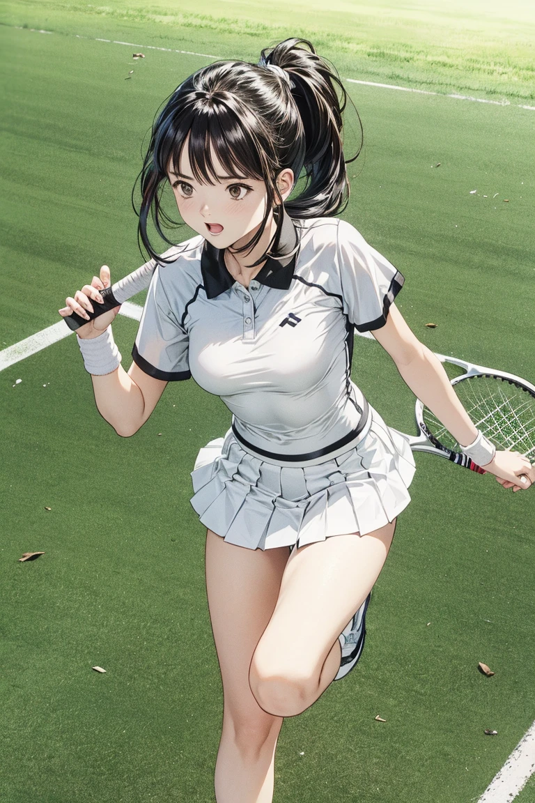 Yukino yukinoshita, long hair, cleavage, navel, slim legs, black hair, blue eyes,  short skirt, thigh high socks, teen, happy, tennis player uniform, park, Belly