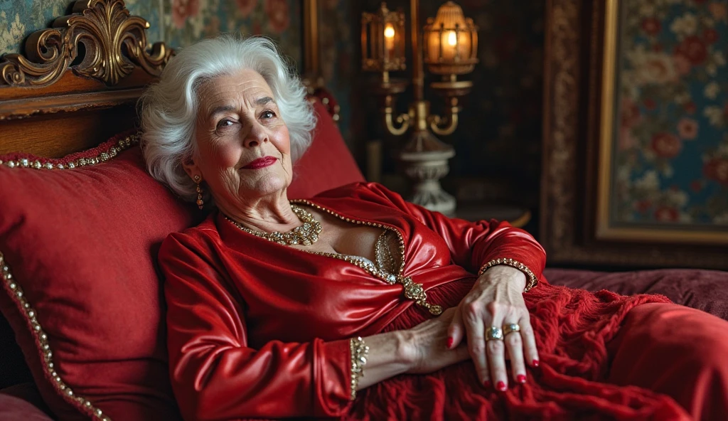 I want a realistic image of a classy older woman. She's 60 years old with well-maintained blonde Chanel hair, a wrinkled face, a hot MILF. She's naked in a luxury bed at a motel.