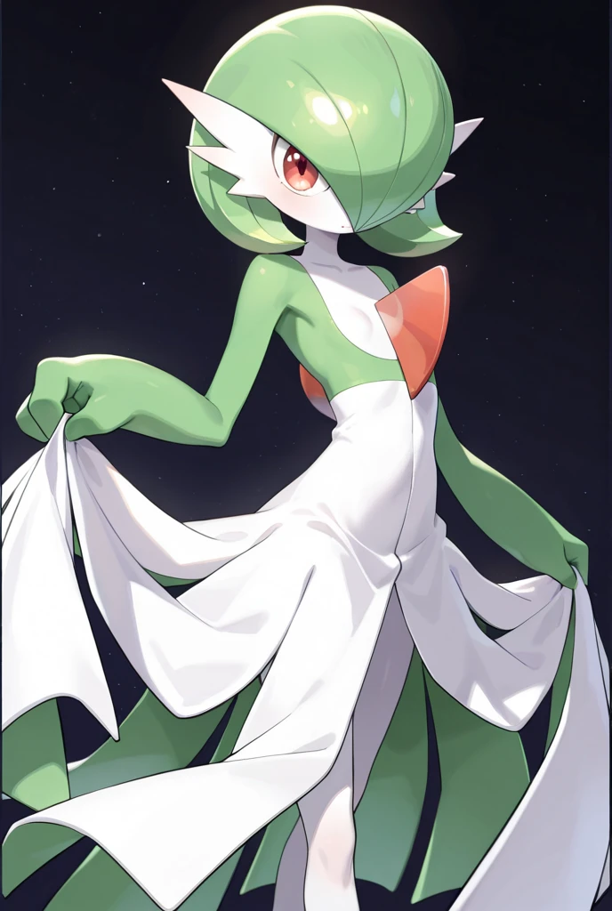 masterpiece, best_quality, 1girl, solo, gardevoir,  pokemon \(creature\), green hair, red eyes, white dress