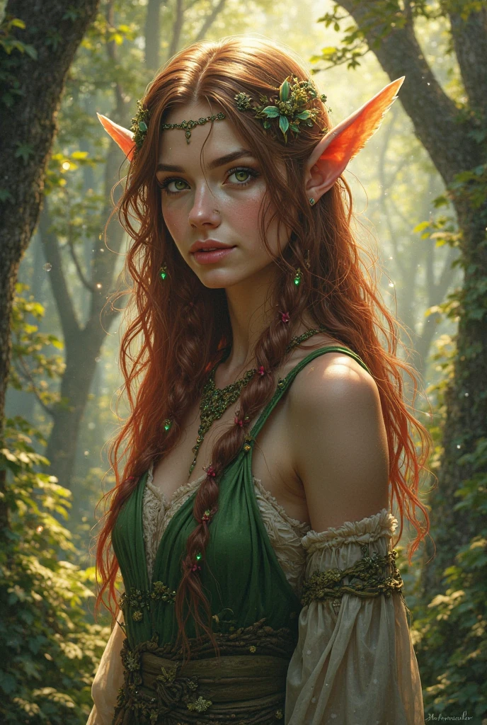 Wood elf with brown hair and light red streaks, green and amber eyes ...