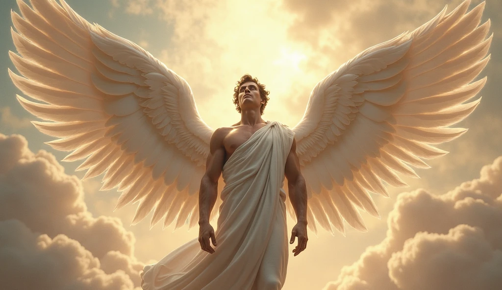 a painting of an angel man, with a beautiful face,((muscular man body, Sculptural body, strong,shapely and muscular legs)), ((archangel michael)), ((with several huge wings)), ((Angel wings)), Various positions, Full body man, Frank Kelly Freas, Estilo Karol Bak, Best Quality,32k ultra quality, parade paper quality, movie image,  Classic 8K