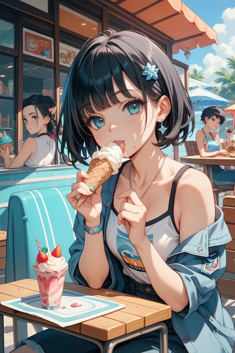 konosubaMegumin, Megumin, short hair, Black Hair, (Red eyes:1.3), short hair with long locks,smile,Tank top shirt with open mouth,Shorts,barefoot,barefoot,Holding and eating ice cream with right hand,Sitting on the sofa,whole bodyがイラストに入るように,morning,morning陽,The sun is rising,
break indoor, room,
break looking at viewer,whole body, 
break (masterpiece:1.2), Highest quality, High resolution, unity 8k wallpaper, (figure:0.8), (Beautiful attention to detail:1.6), Highly detailed face, Perfect lighting, Highly detailed CG, (Perfect hands, Perfect ),
