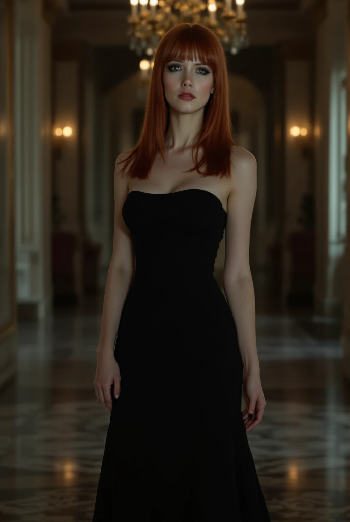 You can create a single 2 Scottish woman with light red hair, with a very elegant black and red dress, semi-gothic but formal 