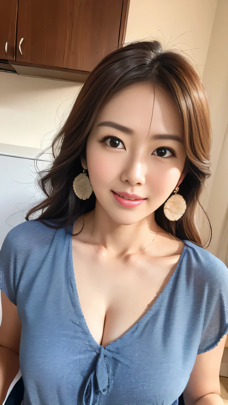 ((Highest quality)), ((masterpiece)), (detailed), Japanese,Beauty,Street Corner,OL,blouse,smile,Cleavage