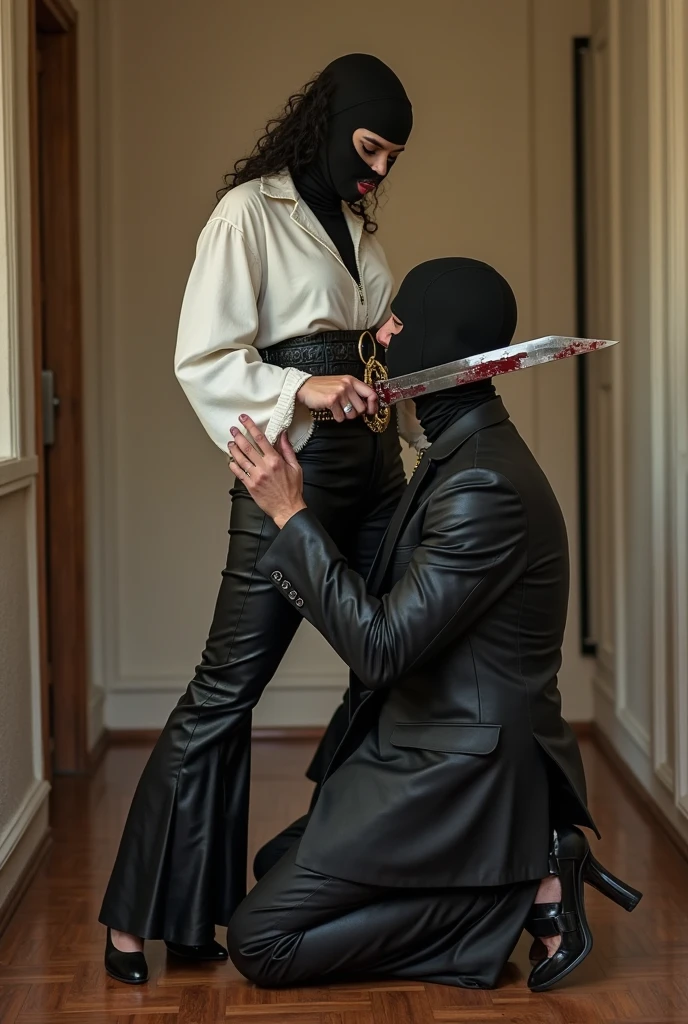 score_9, score_8_up, score_7_up, 2persons, 1man soldier named++A, 1girl named++B, in a luxurious living room, A groping B's breasts, B looking angry at A.
BREAK (B is a woman bound up with rope, lying on a couch, otm gag, gagged, arms bound above head, wrists bound with rope, (bound above and below breasts, shibari over clothes, bound legs, bound thighs, bound knees), 40yo, African, (dark skin:1.29), dark brown hair, 50's vintage hairstyle, curly hair, updo, breasts length hair, brown eyes, (charcoal dress), puffed sleeves, long dress with slit, (lift skirt), (queen anne neckline), vintage shoes, vintage pantyhose, groped over dress, (scared, desperate)).
BREAK (A is 1man in full body uniform, boots, holster, muscular, beard, bald).
BREAK : A groping B, hand down dress, saturated colors, living room, luxurious living room, wallpaper, paintings, baroque furniture,  best quality, highly detailed, intricate detail, beautiful eyes, detailed face and eyes, perfect background, detailed background, detailed body, detailed anatomy, perfect anatomy, high-contrast