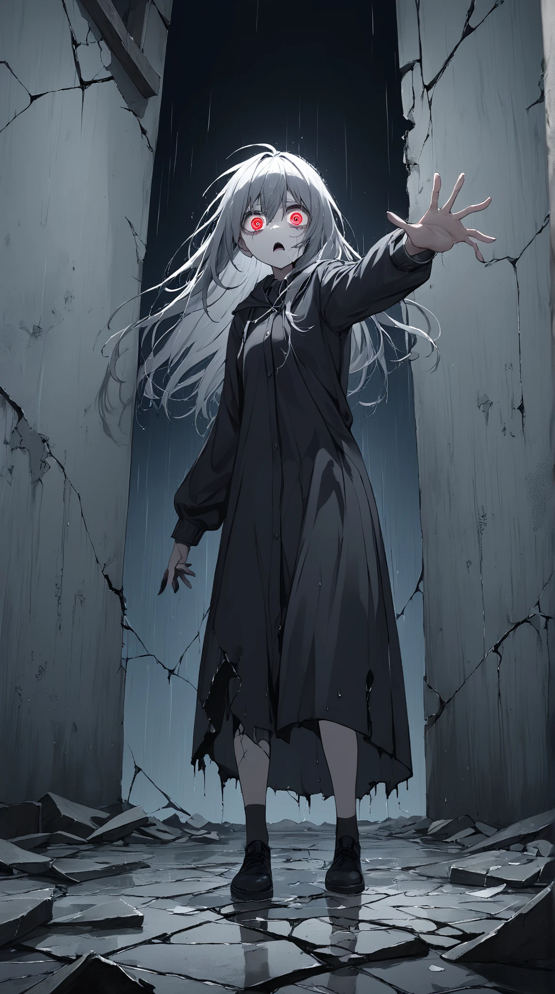 score_9, source_anime, anime_coloring, anime_screencap, zombie, undead, pale skin, 1girl, solo, long hair, glowing red eyes, sleeveless white dress, bare shoulders, collarbone, (dirty clothes, looking back:1.1), open mouth, bloody mouth, small breasts, skindentation, outstretched hands, five fingers, perfect hands, perfect ???????, masterpiece, amazing quality, best quality, detailed, stiched skin, body scars, (very young child:1.3), (tiny, petite:1.3), at night, (indoors, hallway, moonlight:1.2)