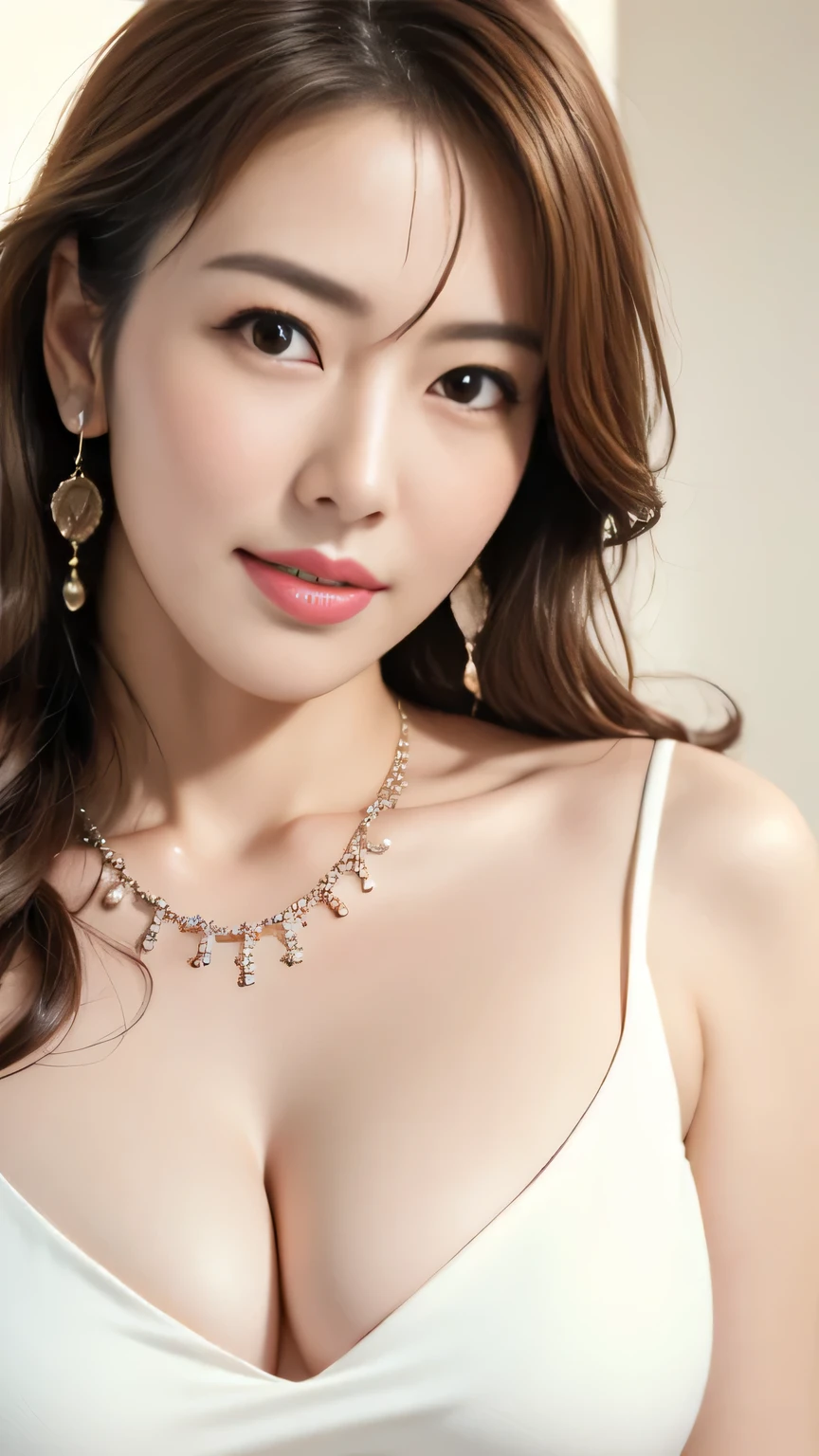 (Canon RF85mm f/1.2, best quality, Reality:1.4, light),(1 girl, Korean mixed, Korean Idol:1.2, beautiful_long_Slim_leg),(long_Brown_Wavy_hair), pink_Shiny_Lips, pink_Eyeshadow, eyelash, powder_blush, cosmetic), (White_Shiny_skin, black eyes, Pores, skin texture, Shiny), (necklace, earrings), Large Breasts, Smile, Dynamic poses
