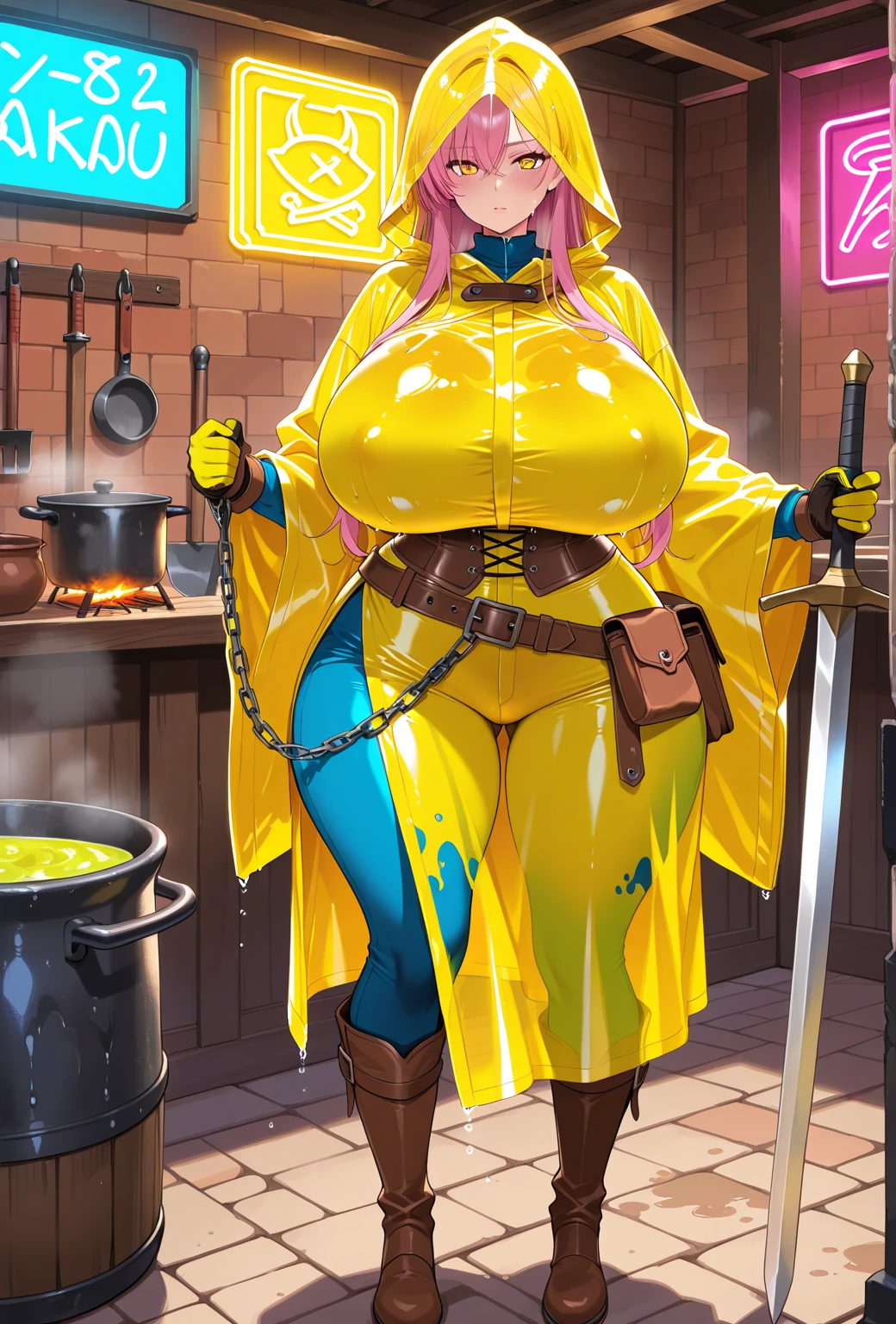 masterpiece, highest quality, ultra-definition, beautiful definition, one girl, solo, 25-year-old woman, full body,standing, bewitching face, dovetail eyes, orange bodysuit, orange rubber suit, witch's black hat, pink hair, big ponytail, Long hair,big breasts,in old hut at night