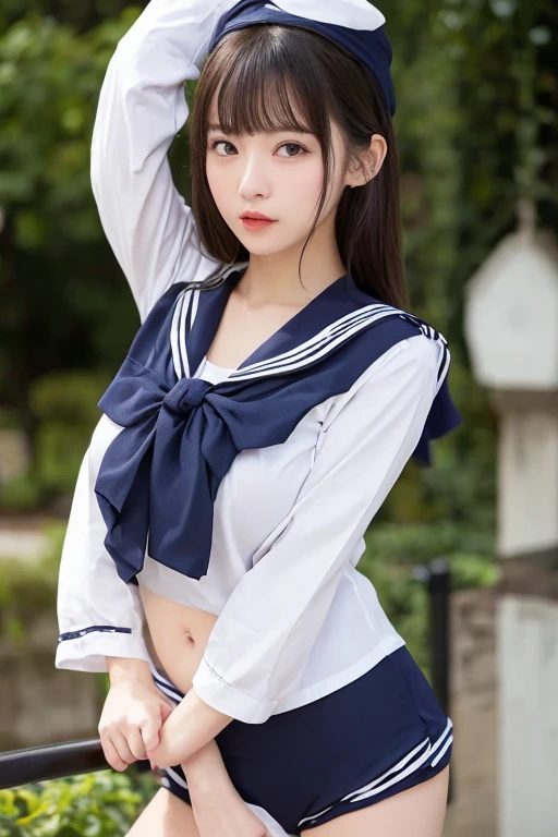 (masterpiece, Highest quality:1.2), 8K, Young and beautiful girl, 85mm,Official AR RAW Photos, Baby Face、Big Breasts、Show me your ears、photo shoot, Cute face, Thighs, After school classes, Looking at the audience, Embarrassing、smile、No makeup, Film Grain, chromatic aberration, Sharp focus, Face Light, Bright lighting, 10 generations, Detailed face, Background blur、((((((15-year-old high school girl))))))、Narrow waist、Sailor suit、Navy blue mini skirt、White tiny panties
