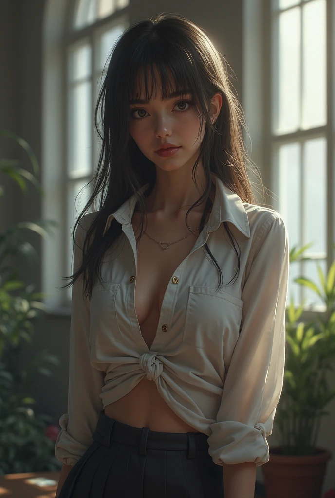 (best quality,4K,8ก,height,Masterpiece:1.2),Very detailed,(realistic,photorealistic,photo-realistic:1.4), Professional photography by dunitskiy david, natural light, Portrait, Korean beautiful girl, , Tiring ((Long sleeve cotton t-shirt:1.4 million), Very low neckline, Shoulder reveal, Sad face., Soft glow, Luxurious beauty, Gray blue eyes details, Sensual poses, delicate skin texture, My hair is messy., Innocent expressions, Slim pose, collarbone, Breasts sagging naturally, Big breasts, lie down, (The office is dirty and dimly lit.:1.4), delicate shadow, Bloody and dirty background, shallow depth of field, high contrast, Dark and foggy atmosphere, Fine Art Photography, low angle, (Seen from below.:1.0), Photon mapping, 