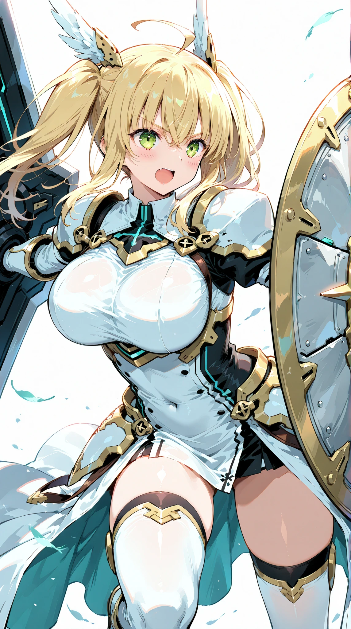 LeinaQuiron woman, 1girl, solo, breasts, blush, blue eyes, blonde hair, large breasts, cleavage, braid, hairband, armor, twin braids, side braid, short hair with long locks, buckle, shield BREAK (masterpiece, best quality:1.3), 4k, ultra-detailed, trending in pixiv, detailed background, BREAK (amidst the paddy field, countryside, scenery:1.4), BREAK (basking in the sunlight, from side, adjusting hair:1.3), happy smile, (sweat, shiny skin:1.3)