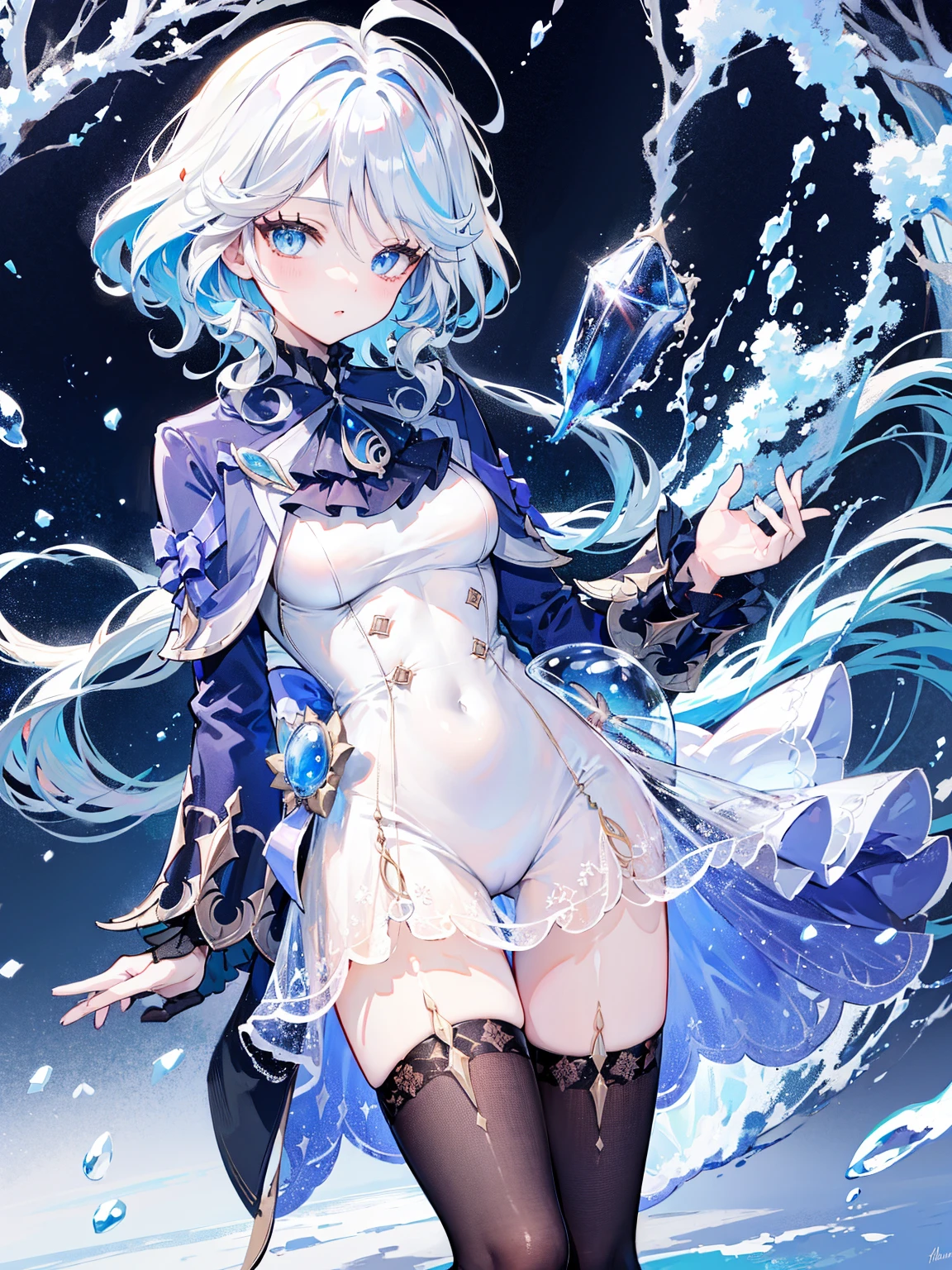 Best quality, highest resolution, 1 girl, solo, Makima, blue eyes, open mouth, sexy pose, cold lighting, frozen background, frozen bedroom, royal_icing, lingerie