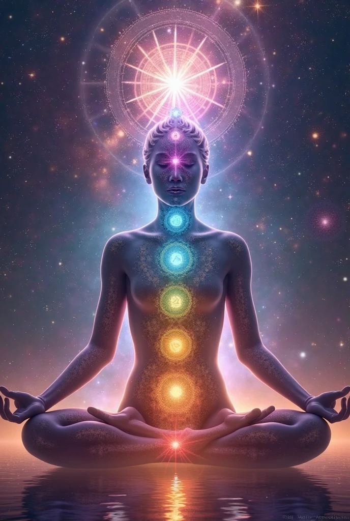 Mystical woman in the middle of the universe deep meditation, Etéric atmosphere, Aurico com desenho dos chakras