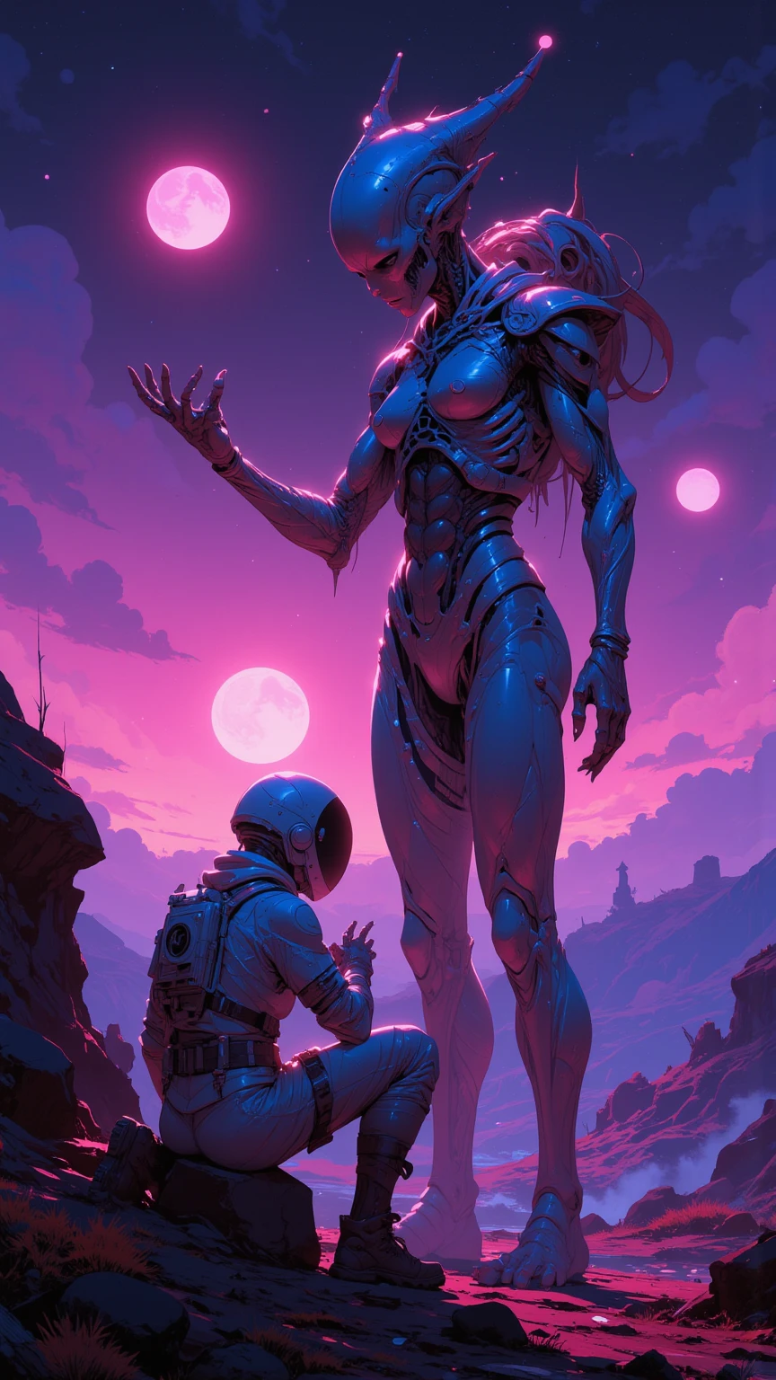 Beautiful alien landscape, 4k quality, super detailing, girl and man cyborgs hugging, unusual color combination, fantasy art, science fiction art, love, friendship, hugs