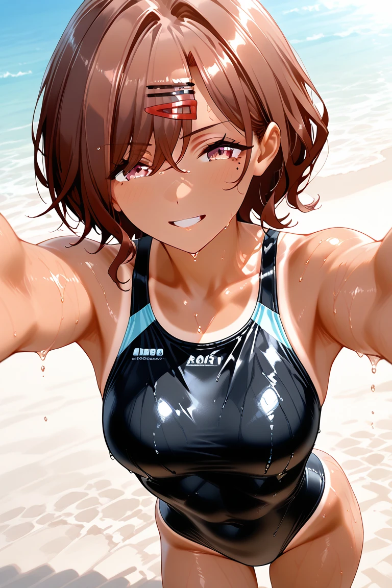 agnes tachyon \(umamusume\), ((ultra-detailed face)), muscular slender girl, upper body, masterpiece, best quality, half-closed eyes, abs, plain bikini, horse tail, pool, light smile, detailed clear eyes, frontage