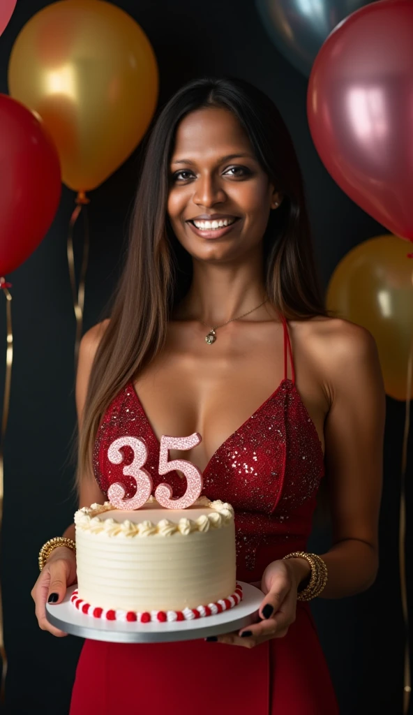 A beautiful mature black woman celebrating her birthday on August 18th next to a poster that reads RAÏSSA with a cake