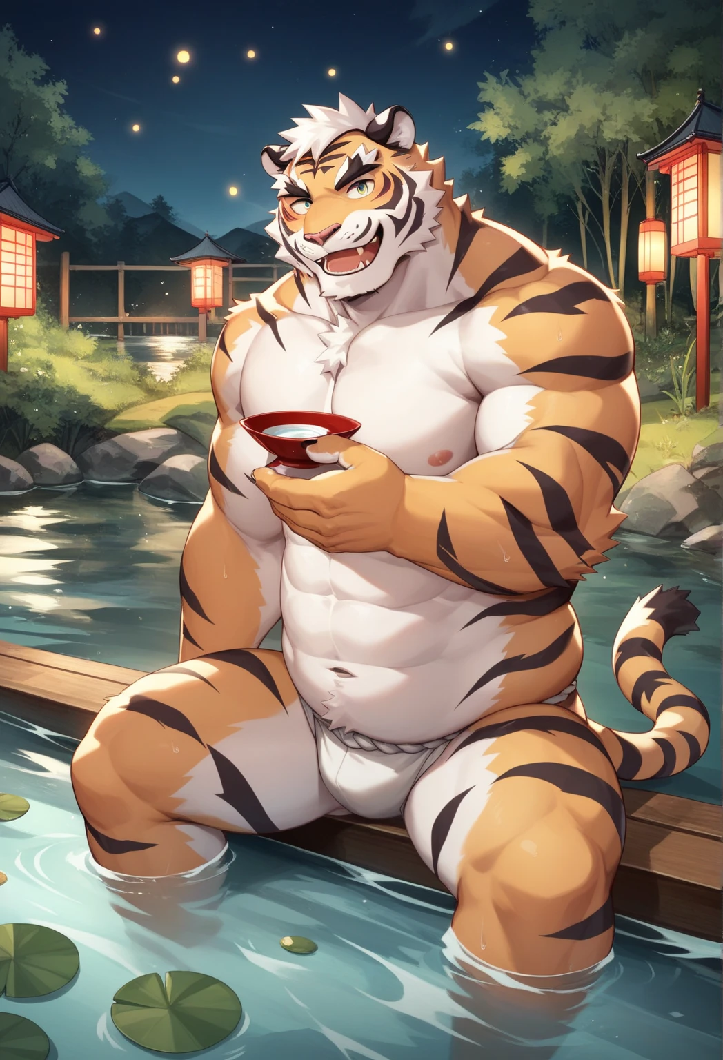score_9, score_8_up, score_7_up, score_6_up, score_5_up, score_4_up, (solo), male anthro white tiger, nude, hot spring, suggestive, sfw, dadbod, musclegut, pecs, nipples, body hair, annoyed face, hand on hair,