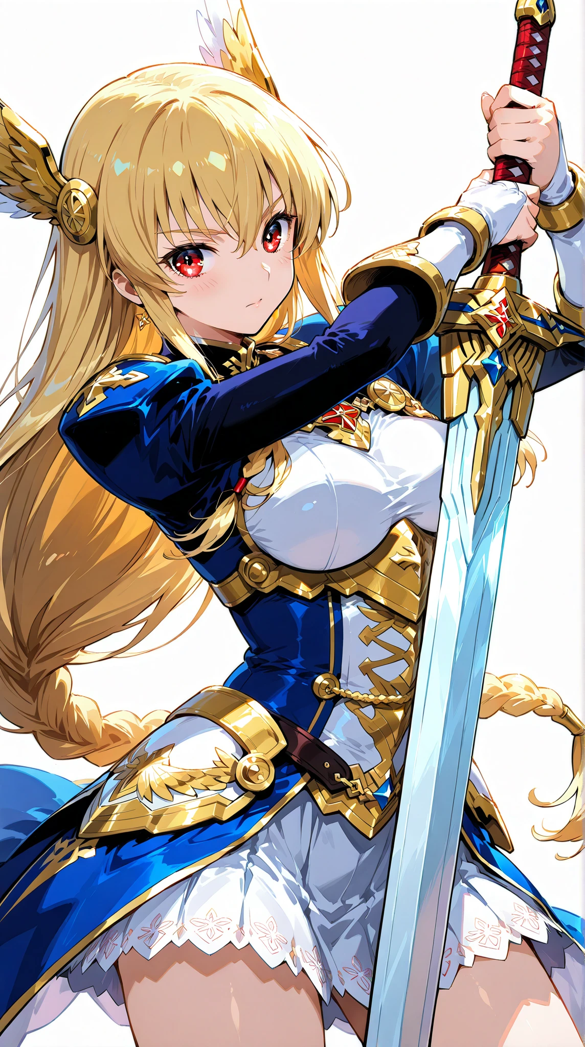 (masterpiece, best quality), 1girl,   <lora:JeanneKaguyadArc:0.8> JeanneKaguyadArc, 1girl, solo, long hair, blue eyes, blonde hair, braid, single thighhigh, white thighhigh, black gloves, dress, cleavage, bare shoulders, medium breasts, hair ribbon, cleavage cutout, armor,