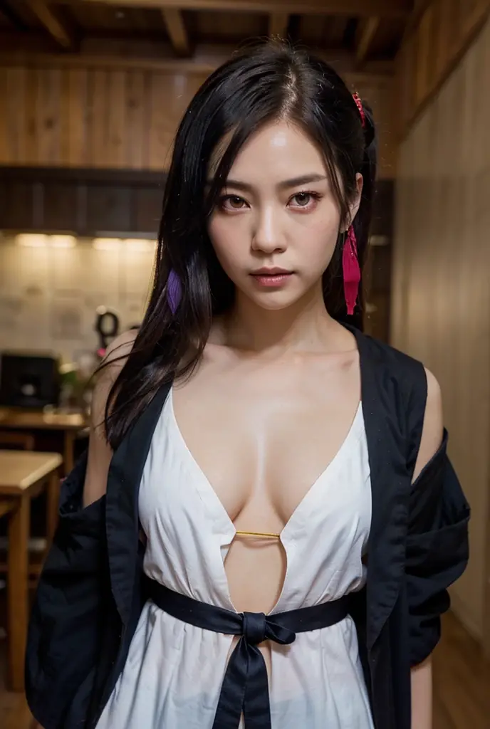 masterpiece, best quality, ultra detailed, ultra high resolution, very detailed face, solo, ((raw photo)), 22 years old japanese girl, (((cromtop, kunoichi))), ((black hair)), (((medium breast))), (six pack abs:1.2), ((bad mood)), in the night room