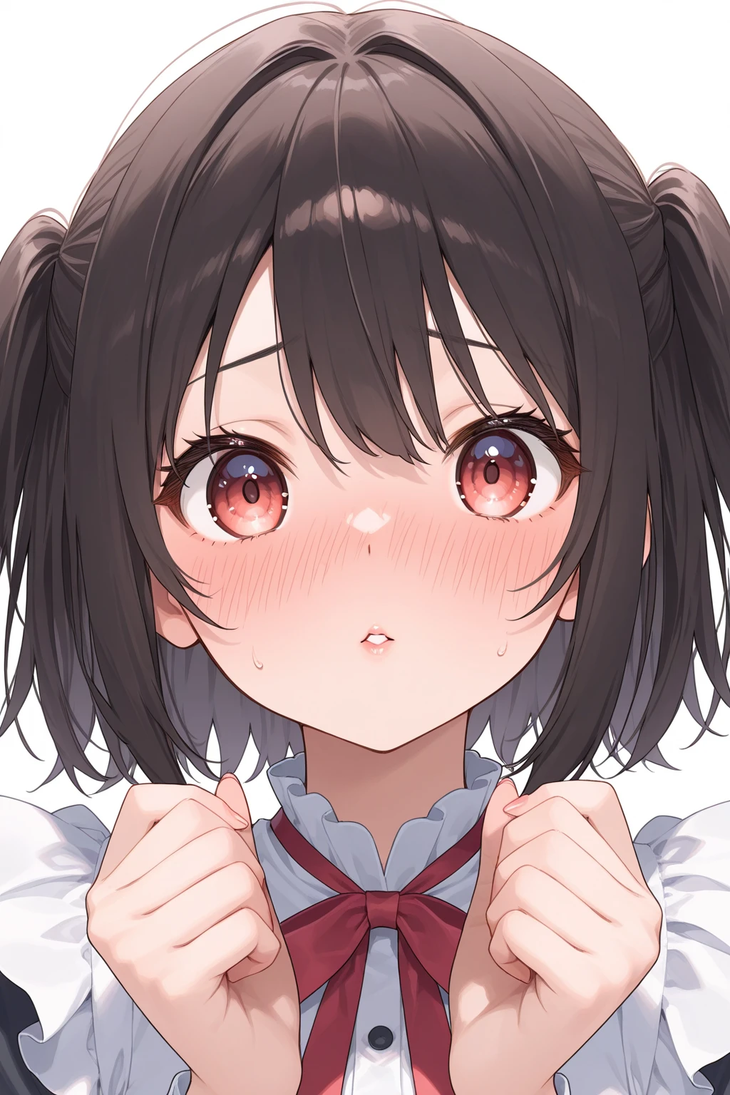 (1girl, Mayoi, monogatari \(series\)), beautiful detailed eyes, red eyes,half-closed eyes, tareme, (opened big mouth, licking, Sticky tongue), nsfw, (close-up mouth), (curvy, Slender),(cleavage), from above, Highest quality, Super detailed, masterpiece, Ultra-high resolution, 8k, Embarrassing, blush, Lovely, (With tears in my eyes), Sticky saliva