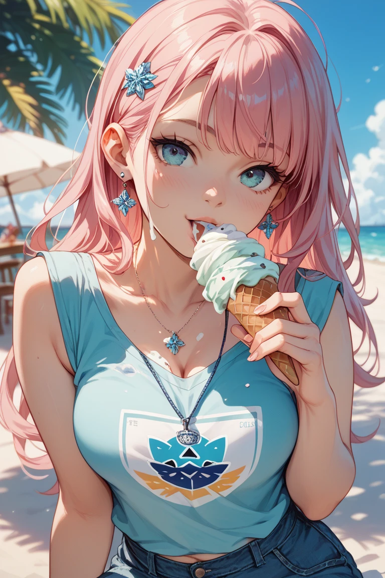 (Masterpiece, BestQuality:1.3), (ultra detailed:1.2), (hyperrealistic:1.3), (RAW photo:1.2), High detail RAW color photo, professional photograph, (Photorealistic:1.4), (realistic:1.4), (Pink Hair:1.5), professional lighting, perfect anatomy, (Big Breasts:1.2), (blush, detailed face), (cheerful Smile:1.5), Trending Hair&Trending Hairカラーをランダムに, earrings, necklace, bracelet, sexly, erotic sexly, Random sexy gravure poses, (A woman in a pink summer dress、She is smiling happily and posing sexy while eating ice cream at a beach cafe.。Pink Hairのウェーブヘアが風に揺れている。:1.3)