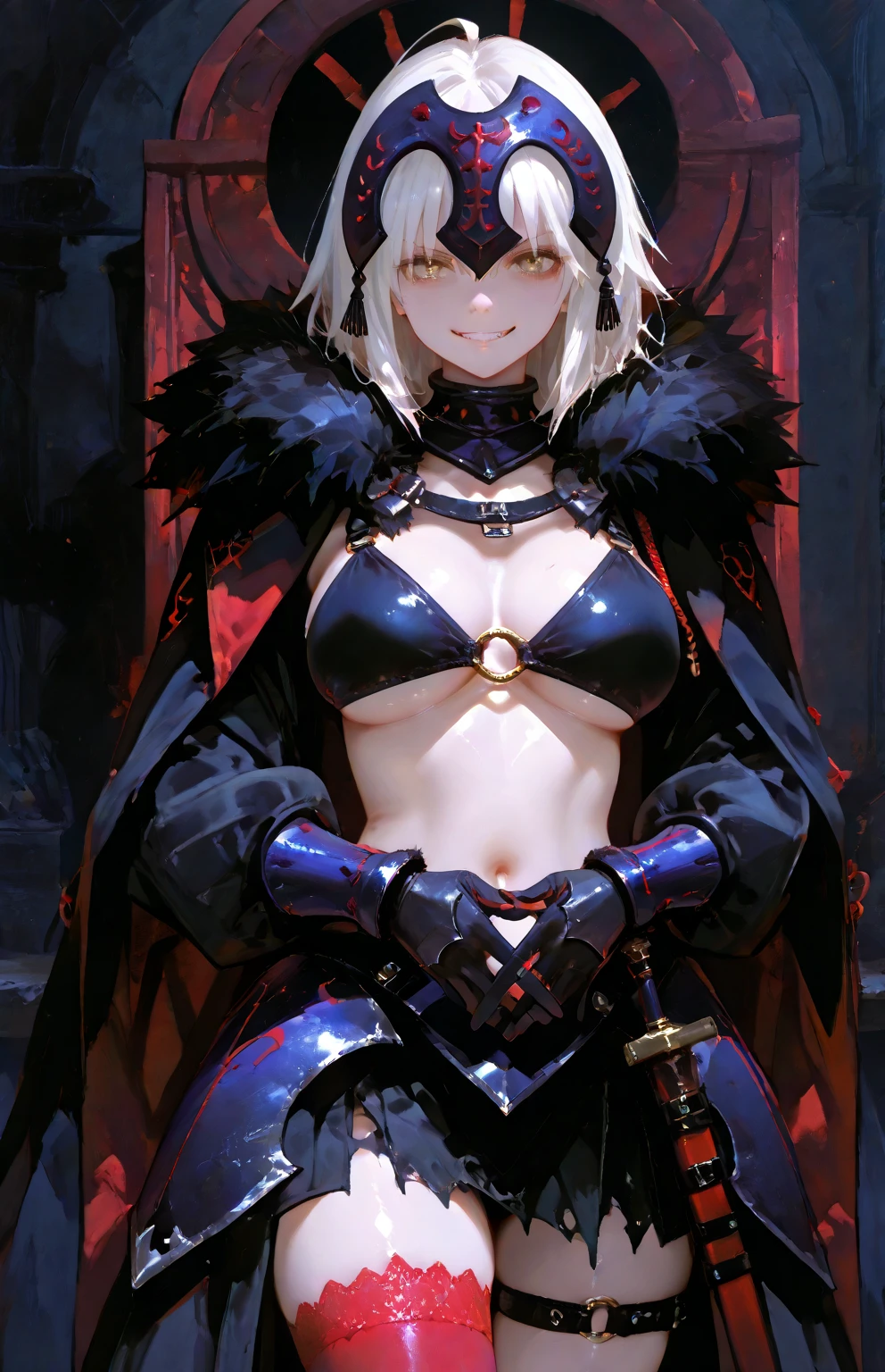 ass pov, reaching out, First-person view, seductive smile, Arrogant look,
Zeta,One Girl,Shiny Hair,short hair,hair band,teenage,cute,(Huge hips:1.1),
very shiny 肌,Shiny body,plastic glitter 肌,exaggerated shiny 肌,illuminated skin,
(Huge breasts, Glamour:1.1),Tight waist,Long legs,curve,Cleavage,erotic,Bold,Revealing clothing,show 肌,
(Realistic eyes, Natural skin texture, Realistic facial details),
High resolution,Sharp focus,(Super detailed,Very detailed),(Very detailed CG unity 8k wallpaper),(((Vibrant colors))),{best illustration},
Beautiful Eyes,Symmetrical eyes,Big eyes:1.5,Seductive eyes,((complete anatomy)),Perfect Fingers,(pale skin), (white hair), red eyes, crop top, sleeveless, black skirt, choker,Black shoulder armor,
glowing eyes,Wearing a tattered black cloak,Black fur stole,
large sword with sharp red and black decorations, tattered black dress,
Black Thigh Boots,An effect like a red thread floating in the air,Black underwear,holding weapon, dynamic angle, dynamic pose,
medieval interior,Western Castle,Vast Hall,indoor,A row of pillars engraved with intricate runes,A huge, richly decorated throne,Underground Palace, Cinematic Light, Fine light particles lens flare,
