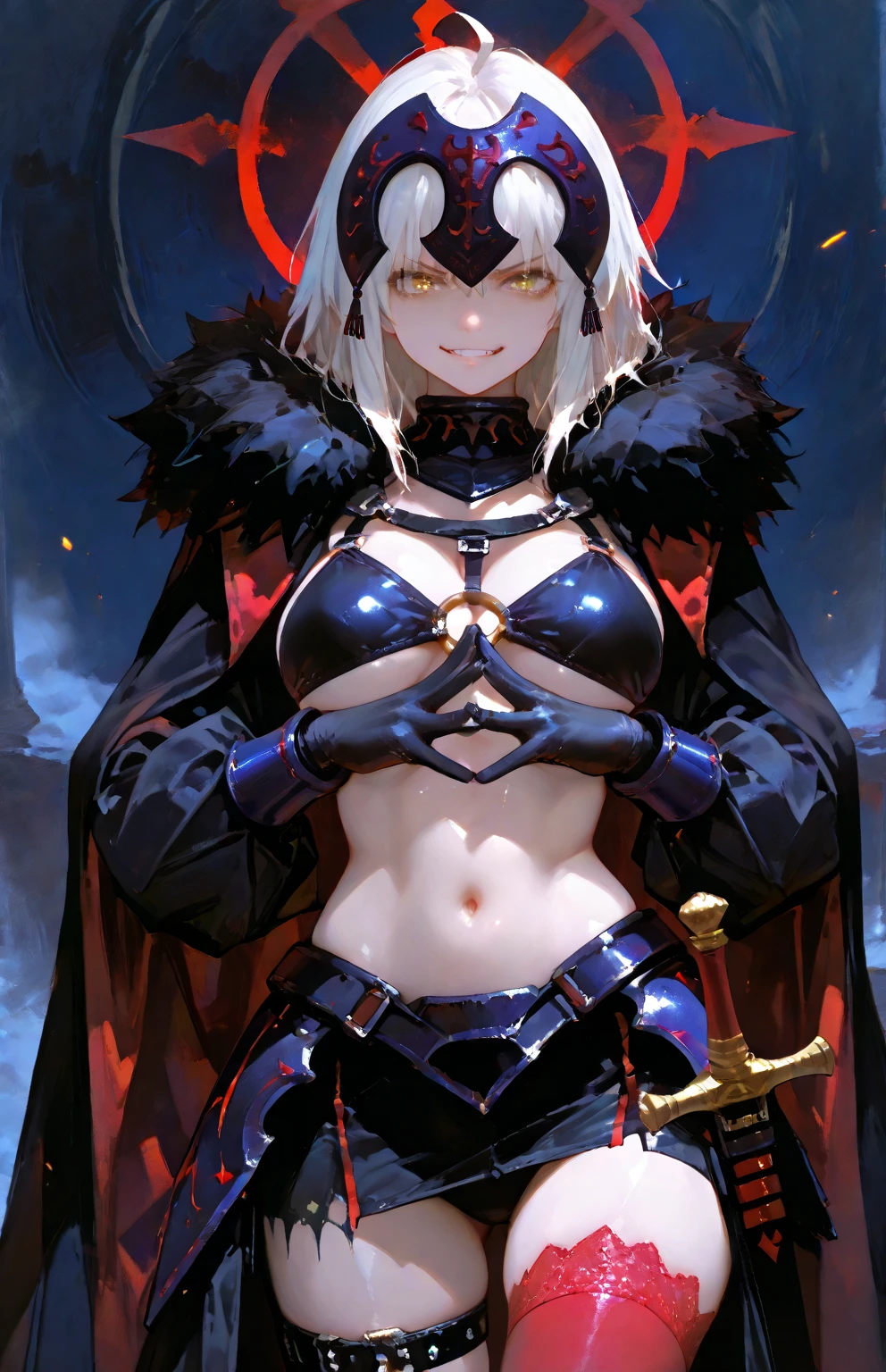 score_9, score_8_up, score_7_up, score_6_up, uncensored, artoria pendragon (lancer alter) (fate), sillver hair, braid, tiara, yellow eyes, BREAK (masterpiece:1.2), best quality, high resolution, (detailed eyes:1.3), perfect lighting, (perfect hands, perfect anatomy), large breast, holding, sword, holding a glowing ornate sword, hooded, hollow eyes, highly detailed armor, vibrant pink glow sword, illuminates the surrounding area, Pink embers particles floating, mystical ambiance, dark background, artwork, high contrast, glowing elements, Magical, fantastical, enchanting, vivid colors,
