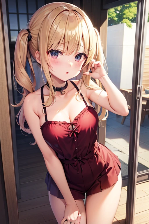 beste-Qualit、One girl、a blond、Longhaire、Red eyes、Pink blush color under the eyes:1.3、radiant eyes、light-skinned、a smile、Small face、Red dress:1.5、Dressing up to bite、Short skirt:1.4、巨乳、Emphasis on the chest:1.3、beauty legs、nights、Private、Sit on a leather sofa、View here、Angle from diagonally above、Background blur