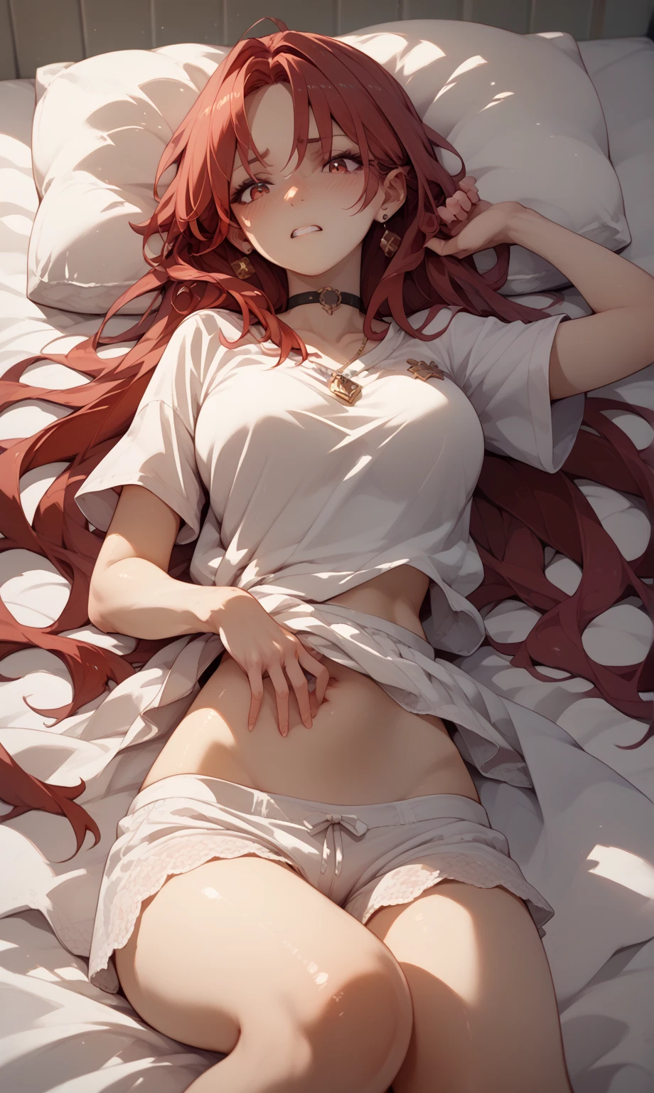 create a half-naked, red-haired, white-skinned girl. I want the position of him sleeping in bed alone. The graphics use 4k