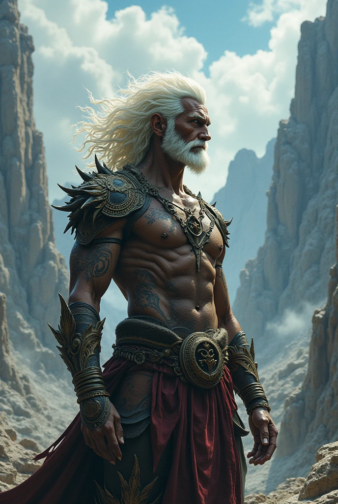 Kalashtar young man full body, long white hair, tattoos on face, Druid, animal skull on head, Attack position, Wolf skin, Mountain and snow environment
