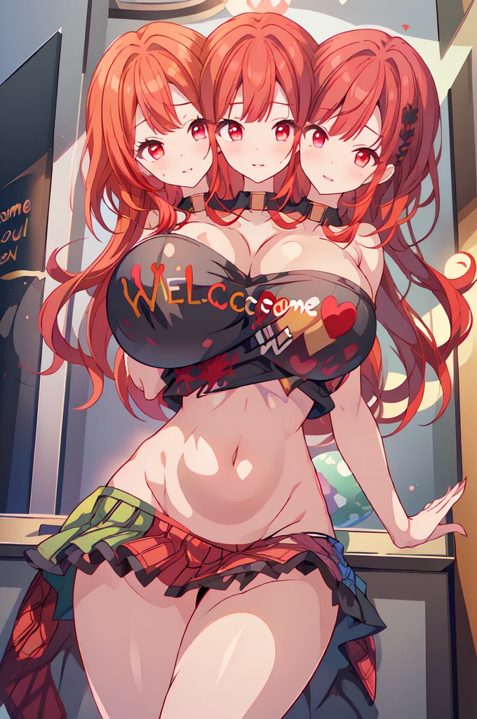 (masterpiece, best quality), best quality, (ultra-detailed), (3heads:1.5), 1girl, (hecatia lapislazuli:1.3), masterpiece, (high quality), (high resolution), (best quality:1.5, highres, UHD), highres, absurdo, ultra detail, ultra quality black top, crop top, ((stomach)), midriff, ((groin)), plaid skirt, miniskirt, multicolored skirt, normal ears, shackles, red hair, very long hair, wavy hair, sidelocks, red eyes, parted lips, open belly, sweat, cute, toned belly, hand on own chest, eyelashes, (24 year old woman:1.3), (masterpiece:1.5), (best quality:1.5), (beautiful detailed), extremely detailed CG, extremely delicate and beautiful, depth of field, (finely detailed face), (perfect details:1.2), (mature female:1.3), wide pelvis, slender, large veiny breast, 16k resolution, high quality, high definition, extremely detailed, masterpiece, best quality, red hair, long hair, alluring presence, twin braid, short skirt, close up, big , young, striped, earth (ornament), moon (ornament),