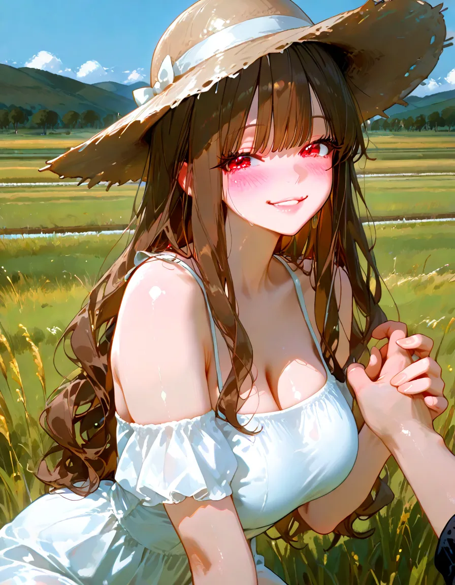 (kinako_(shiratama mochi) style), grass_wonder_\umamusume\), nsfw, masterpiece, topless, low cut denim shorts, slim waist, belt, wiping sweat, head tilted sideway, solo, 1 girl, horse ears, horse tail, bare stomach, sweaty, arched back, nipples, large nipples, erect nipples, navel, puffy nipples, cowboy hat, outdoors, grain silo, farm, tractor, fence, slim waist, brown hair, sweaty, humid, long hair, detailed eyes, beautiful eyes, wet, aqua eyes, necklace, gold bracelet, gold cutouts, jewelries, smiling, small breasts, realistic