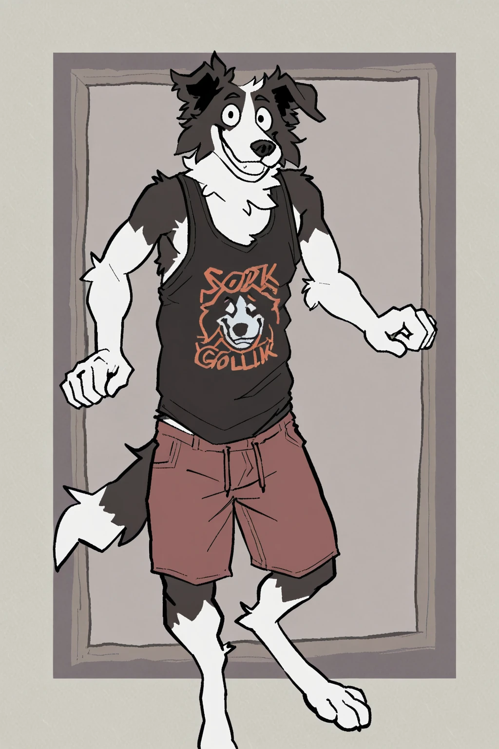 A male anthropomorphic wolf with dark red fur  and thick thighs wearing, a glasses and a earpiece, a backwards cap, a burgundy t shirt with a skull logo, and short  (front faceing) (solo)