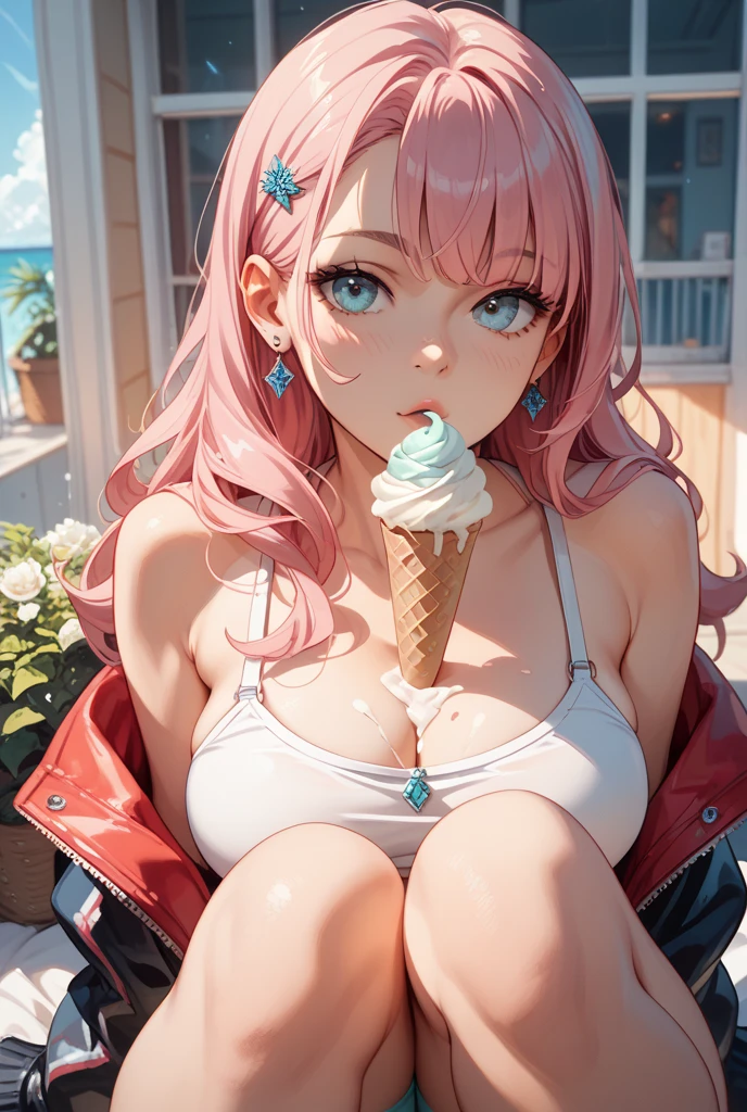 sexy anime girl, cute face, big bust, redpink hair, long spacebun hair, cat ears, black choker, black bra, sucking on popsicle, leaning forward, pov close up, good composition