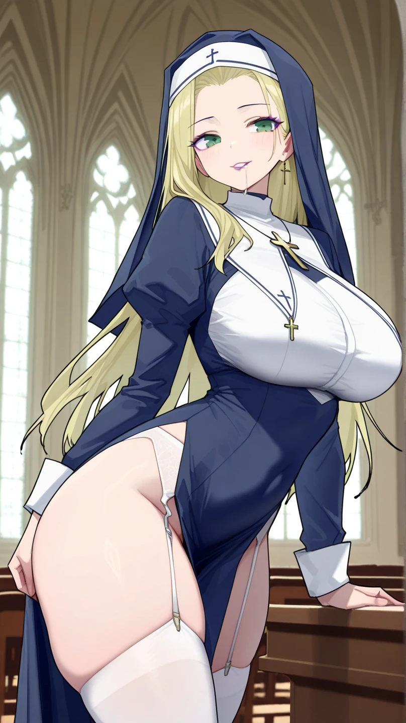 20yr old,1girl in,(Fairy skin:1.1),large full breasts.erected nipples ,(torn costume:1.2),(red blush,embarrassed), (full of sweat:1.2), grabbing breasts herself,Brown hair,Bangs,Green eyes,Beautiful Finger,Beautiful long legs,Beautiful body,Beautiful character design, Perfect eyes, Perfect face,Expressive eyes,Perfect balance,Highly detailed CG Unity 8K wallpaper, Perfect Lighting, masutepiece,Best Quality, 超A high resolution,4K,Ultra-detailed, Photography, 8K, nffsw, hight resolution, absurderes:1.2, Kodak Portra 400, Film grain, Lens Flare,professional photograpy,(church:1.2),Dynamic Pose,dynamic angle,spread legs,